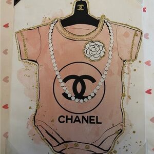 ART CANVAS WALL FRAME PRINT LUXURY CC ONESIE GIRLS BABY PINK GOLD BLACK PEARLS
